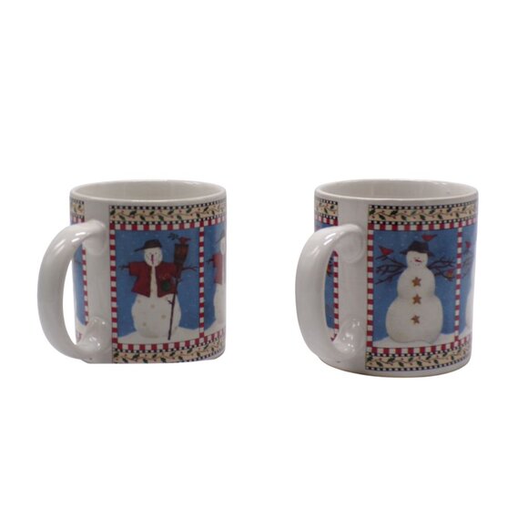 Sakura Debbie Mumm 1997 SNOWMAN Blue & White Winter Scene (2) Stoneware Mugs - Picture 4 of 7